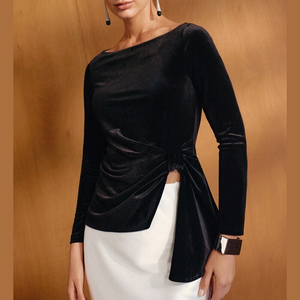 Black Velvet Boat Neck Twist Front Long Sleeve Top